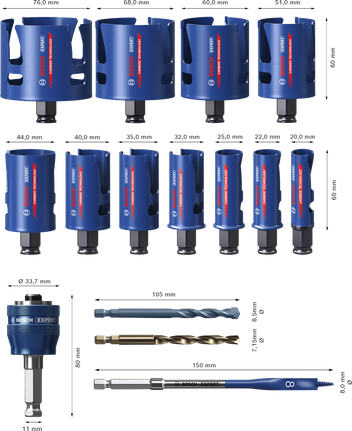 Sada děrových pil Bosch EXPERT na stavební materiál, 15 velikostí.